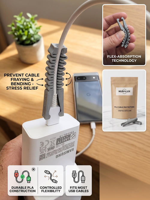 Cord Protector, Eco-Friendly Cable Saver, Plant-Based PLA, Strain Relief for Chargers & Cables.