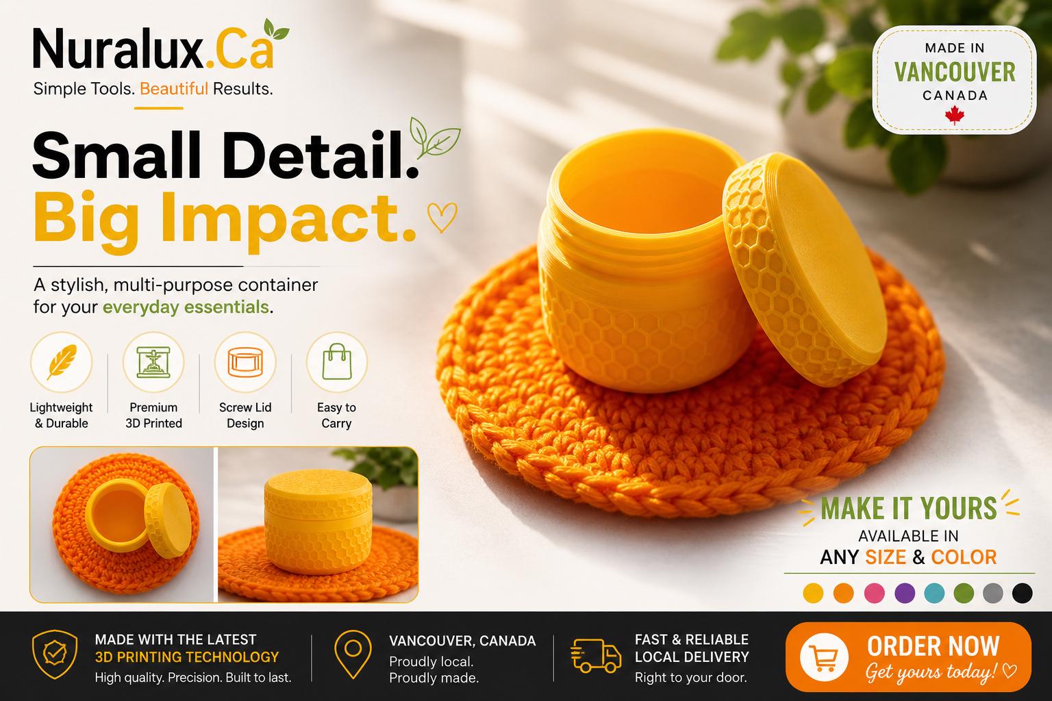 3D Printed Small Cosmetic Jar | Reusable Travel Container, Eco-Friendly Storage, Vibrant Yellow, Vancouver Canada