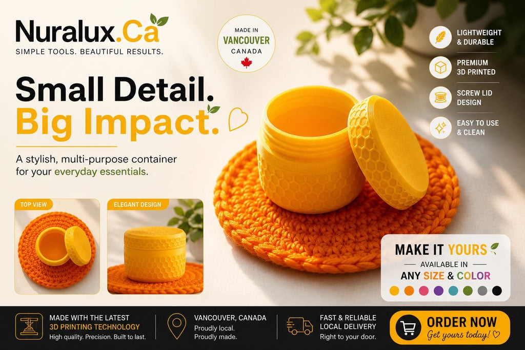 3D Printed Small Cosmetic Jar | Reusable Travel Container, Eco-Friendly Storage, Vibrant Yellow, Vancouver Canada
