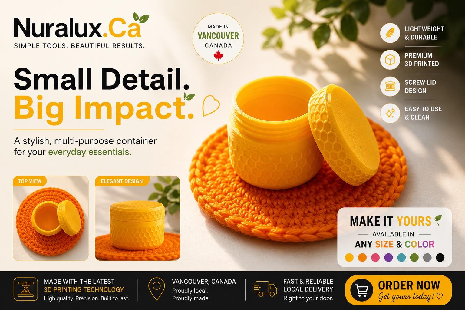 3D Printed Small Cosmetic Jar | Reusable Travel Container, Eco-Friendly Storage, Vibrant Yellow, Vancouver Canada
